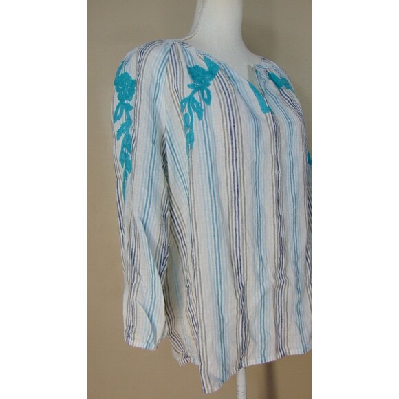J Jill Love Linen Boho Top Womens Medium Embroidered Green 3/4 Sleeve V-Neck M - Picture 4 of 10